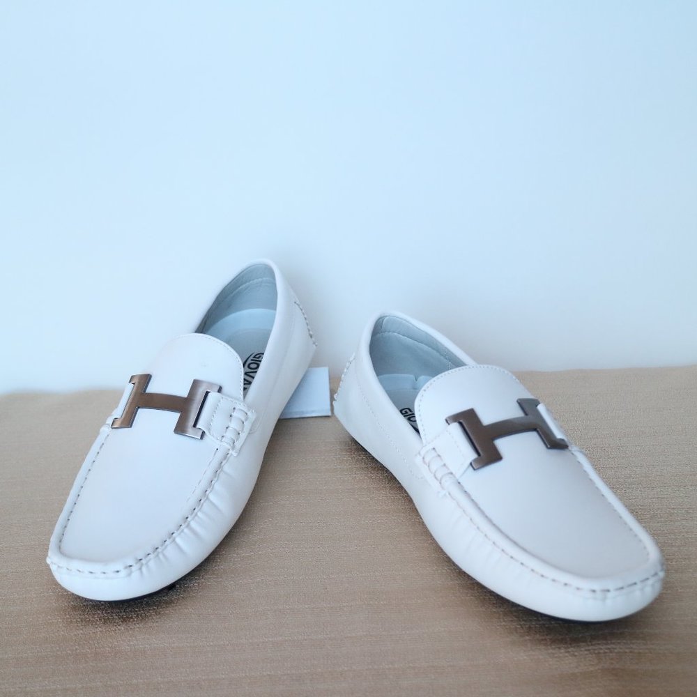 Men's White Loafer Leather Flat Shoes- Giovanni